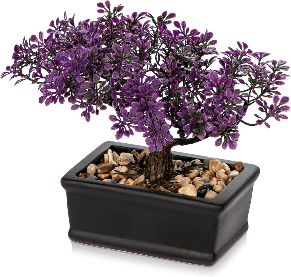 Artificial Bonsai Tree Juniper Faux Plants Indoor Fake Plants Decor with Black Ceramic Pots for Home Table Office Desk Bathroom Shelf Bedroom Living Room Farmhouse Decorations-Purple