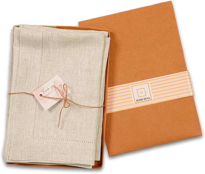 Linen Light Natural Dinner Napkins Set of 4-100% Pure Linen Cloth Fabric, Hemstitch Dinner Napkins 20 x 20 Inch for Dining, Dresser, Thanksgiving, Christmas, Fall - Lino
