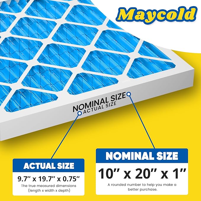 Maycold 10x20x1 MERV 11 Furnace Air Filter (6-Pack), High-Performance HVAC AC Filters for Home Use, Actual Size: 9.70” x 19.70” x 0.75”, Individually Wrapped in Plastic