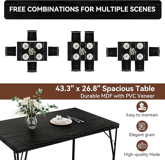 Kitchen Dining Table Set for 4, 5-Piece Kitchen Table Set with 1.6“ Thick Tabletop,Dining Room Table Sets,Kitchen Table Set with 4 Chairs for Small Space, Dinette,Apartment,Retro Black