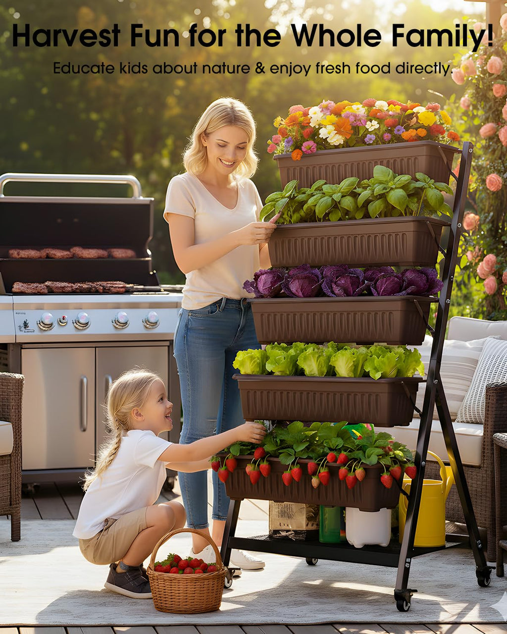 Olaiti 5-Tier Vertical Garden Bed Planter Boxes with Wheels, Drainage System & Storage Space, Mobile Vertical Garden Planter with 5 S-Hooks for Plants Vegetables Flowers Herbs in Garden Patio Yard