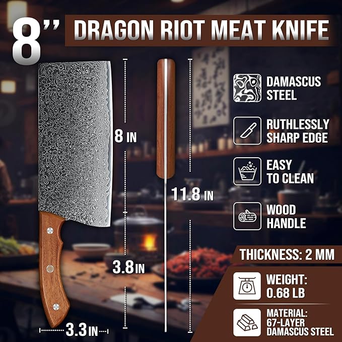 DRAGON RIOT Damascus Cleaver Knife 10 inch, VG10 Damascus Knife for Meat Cutting, Butcher Knife with Wood Handle for Chopper Vegetables Razor Sharp Chooping Knife, Premium Gift Box
