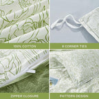 SAPHREAS Green Drawing Floral Duvet Cover Set King Size 3pcs Botanical Blossom White Bedding Comforter Cover Set 100% Cotton 1 Duvet Cover 104"x90" 2 Pillow Shams, Comforter Not Included