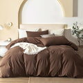 JIYUAN 100% Washed Cotton Duvet Cover Set 3 Pieces Super King, 1 Duvet Cover 108x98 Inches(Comforter Not Included) and 2 Pillowcases,Linen Feel Bedding Set Comfy and Breathable,Chocolate Brown