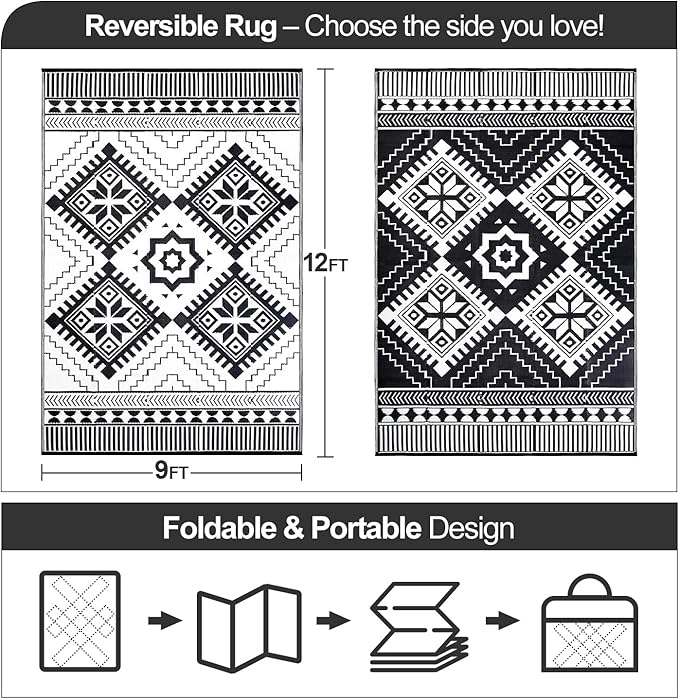 Waterproof Outdoor Rug 9x12ft, Boho Reversible Plastic Straw Mat for Patio RV Deck Porch Backyard Balcony Camping Picnic Beach Indoor Outdoor Carpet, Black&White
