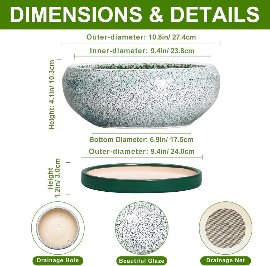Succulent Planters 10 Inch - Ceramic Bonsai Pots with Drainage Hole and Saucer, Large Succulent Pots Indoor, Shallow Planter, Round Bowl Planter Outdoor, Patio Decor, Plant Lover Gift, Green