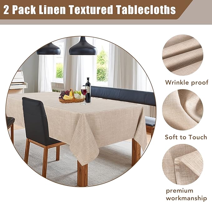 Fitable Beige Faux Linen Tablecloths Rectangle 60 x 84 Inch - 6 Pack Neutral Table Clothes for 4 Foot Tables, Wrinkle-Proof Faux Burlap Table Covers for Dining, Farmhouse, Outdoor Picnic, Camping