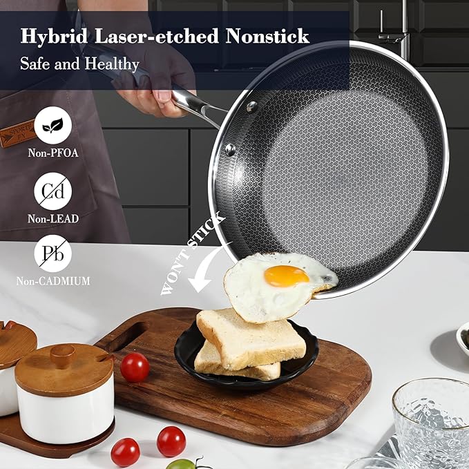 10 Inch Hybrid Non Stick Frying Pan Set Skillet Stainless Steel Skillet Chef's Pan with Matching Lid, PFOA-Free Non-Toxic Cookware, Dishwasher & Oven Safe, Induction Compatible All Cooktop