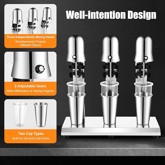 Electric Milkshake Maker, Commercial Stainless Steel Milk Shake Machine, Drink Mixers, 18000r/min & 650ml/Cup, Smoothie Milk Foam Tea Mixer Blender + 6 Cups, 180W 110V (3 Head)