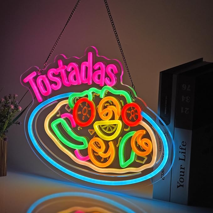 CNBEYOUNG Tostadas Neon Sign, Neon Lights Hanging Wall Art Decoration for Mexican Restaurant Diner Cafés Kitchen Celebration Home Decor, USB Powered Ultra Bright Dimmable,14.96×11.02inches