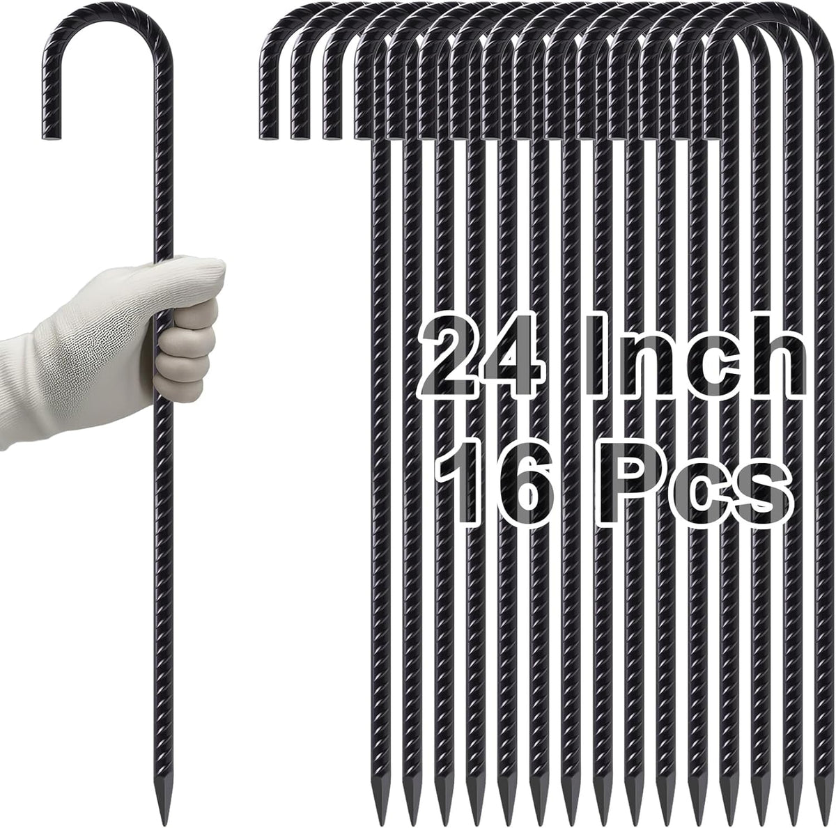 VVOKGO Rebar Stakes 24 Inch J Hook Heavy Duty Ground Anchors (16pcs), 3/8 Inch Diameter Metal Steel Extra Long Fence Stakes with Chisel Point End for Greenhouse, Gazebo, Carport, Camping Tents, Black