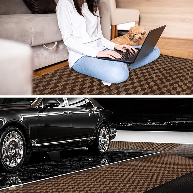 2' x 60' Runner Rugs with Rubber Backing, Indoor Outdoor Utility Carpet Runner Rugs, Checkered Brown, Can Be Used as Aisle for The RV and Boat, Laundry Room and Balcony