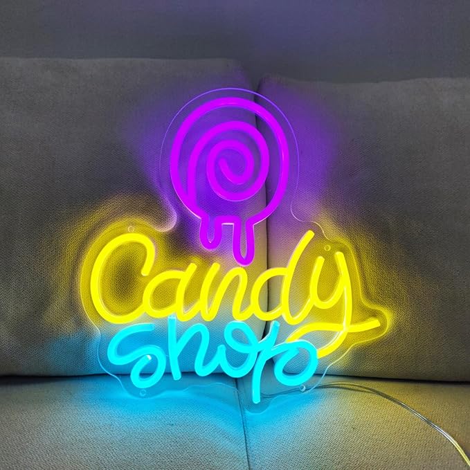 Candy Neon Sign Candy Bar Signs Candy Shop Neon Candy Sign Cherry Neon Signs for Wall Decor, NeonCandy Display Snack Sign for Sweet Shop Bedroom Birthday Party Decoration, 12.5" x 13.3"
