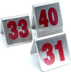 10 Pcs Metal Place Cards Stackable Tent Style Table Numbers，Place Card Holders for Celebration Wedding Party Restaurants Cafes Bars Gatherings meeting Room Board Game Serial (Small 31-40, Red)