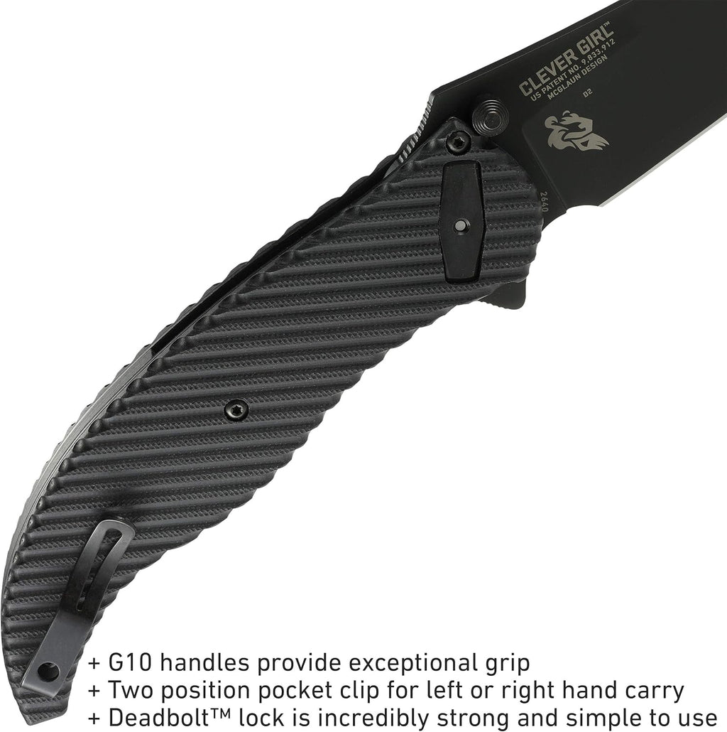 CRKT Clever Girl Folding Pocket Knife: Heavy Duty Everyday Carry, Black Blade, Flipper Open, Deadbolt Button Lock, IKBS Ball Bearing Pivot, G10 Handle 2640