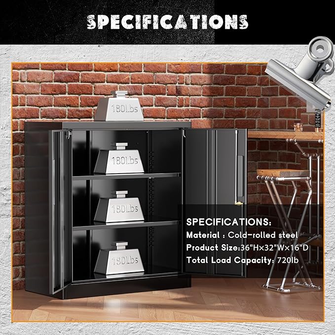 Greenvelly Metal Garage Storage Cabinet, Black 36" Locking File Cabinet with 2 Doors and Adjustable Shelves for Home Office,School