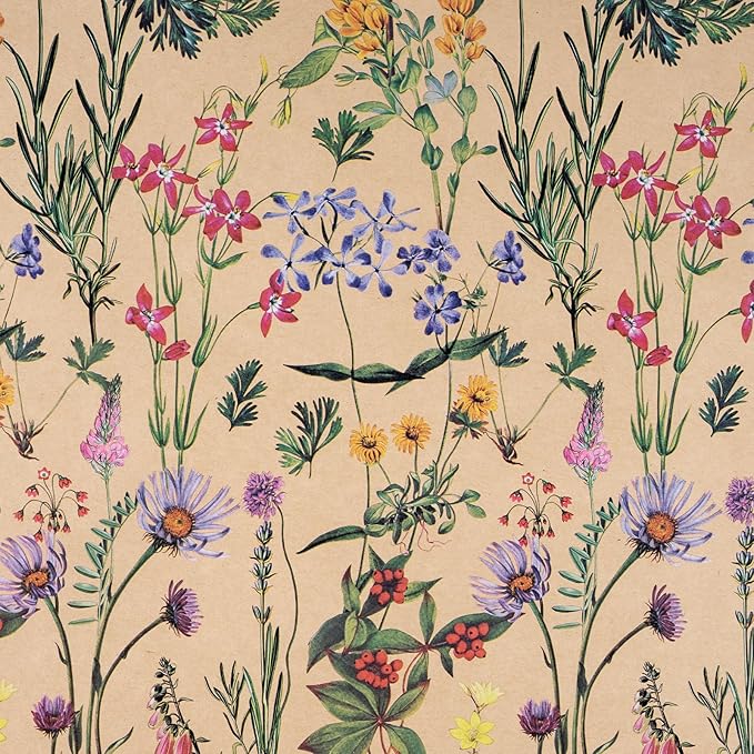 RUSPEPA Wildflower Floral Wrapping Paper Roll for Women, 17 Inches x 16. 4 Feet, Mini Roll, Herbal Kraft Wrapping Paper for Christian Gifts, Birthdays, Weddings, Bridal Shower and Engagement