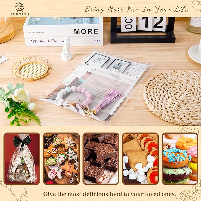 LOKIQNG Cellophane Bags Plastic Gift Bag Clear Cookie Treat Bags with Twist Ties for Party Favor Bag(100PACK, 8x11inch)