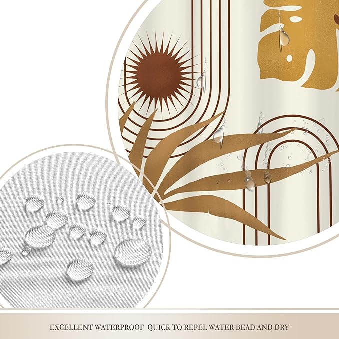 Glawry Boho Mid Century Shower Curtain Yellow Brown Abstract Tropical Palm Leaves Sun Bathroom Minimalist Geometric Arch Retro Plant 60Wx72L Inches Bath Accessories Art Home Decor Fabric 12 Pack Hooks