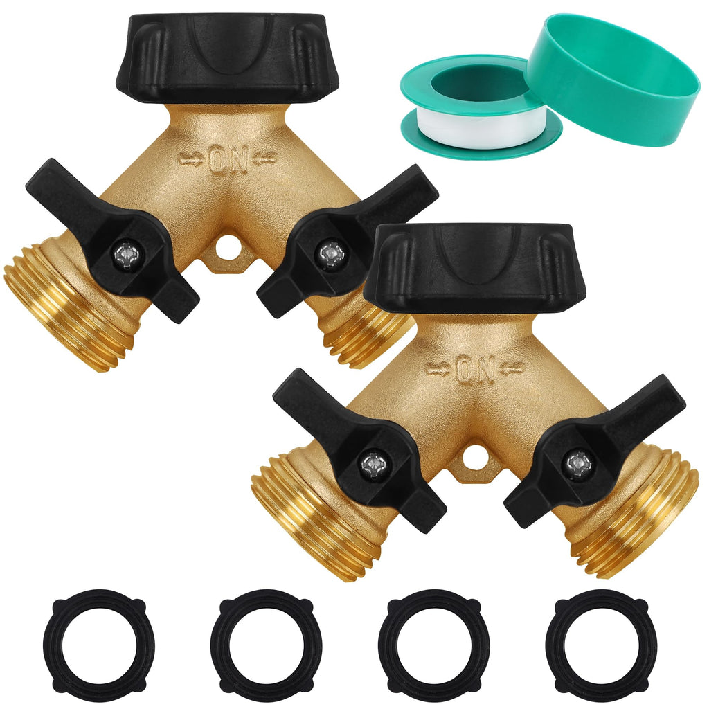 Biswing 2 Pack Garden Hose Splitter 2 Way, Heavy Duty Brass Connector Tap Splitter, Y Splitter 2 Valves with 4 Extra Rubber Washers
