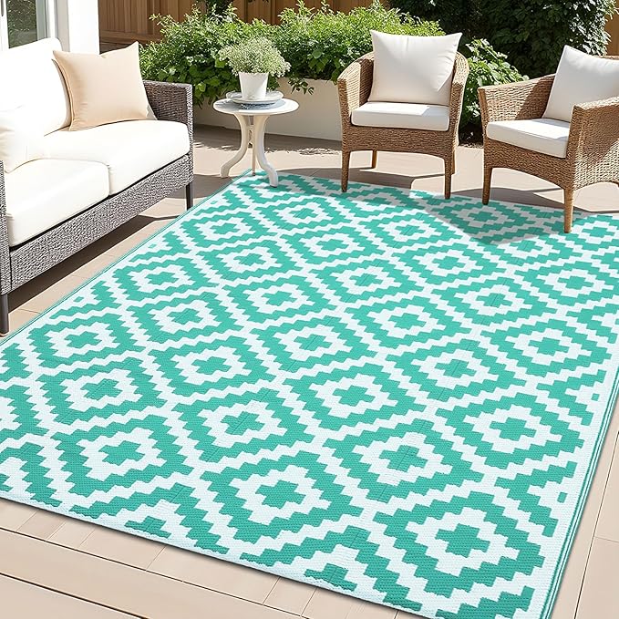 OLANLY Waterproof Outdoor Rug 4x6 ft, Outdoor Plastic Straw Rug for Camping, RV Mat Outside, Outdoor Carpet for Porch, Deck, Backyard, Balcony, Picnic, Turquoise & White