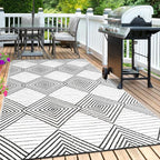 Waterproof Outdoor Rug 9x12ft, Foldable Reversible Plastic Straw Mat for Patio RV Deck Porch Backyard Balcony Camping Picnic Beach Indoor Outdoor Carpet, Black&White