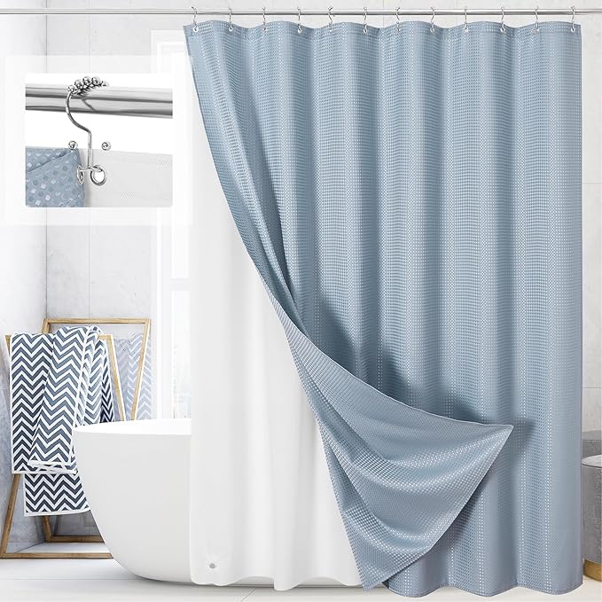 3 in 1 Shower Curtain Set, Fog Blue Waffle Shower Curtain and PEVA Liner Set with 12 Stainless Steel Shower Curtain Hooks, Waterproof Fabric Shower Curtains for Bathroom, 72 W x 72 H