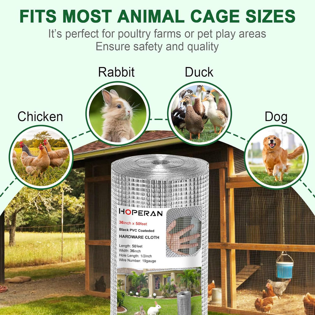 HOPERAN Hardware Cloth 1/2 Inch 36 x 50 ft - 19 Gauge Chicken Wire Fencing, Galvanized Wire Mesh Roll, Welded Wire Fence, Chicken Coop Wire Fence Gopher Wire Rabbit Wire Poultry Netting Cage
