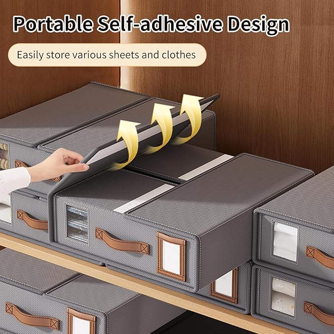 KONGDY 4 Pack Bed Sheet Organizer, Foldable Sheet Storage Box with Window and Label, Bed Sheets Set Organizers for Bedding Sheets, Duvet Covers, Pillow, Blankets Organizer-Grey