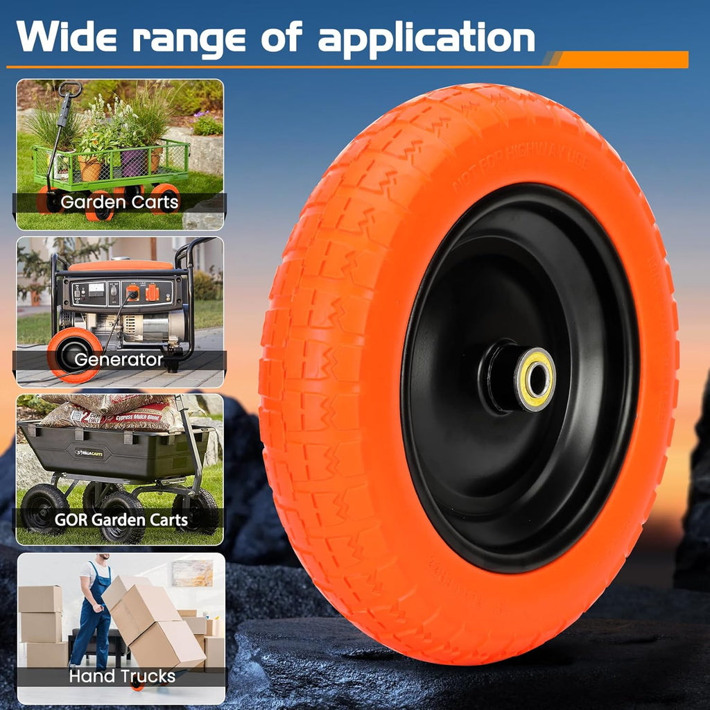 13" Flat Free Wheels Replacement for GOR Garden Cart Tires, 4.00-6 Solid Tires with 5/8"Bearings, 13" No Flat Wheels for GOR Garden Carts/Hand Trucks/Garden Carts（Orange）