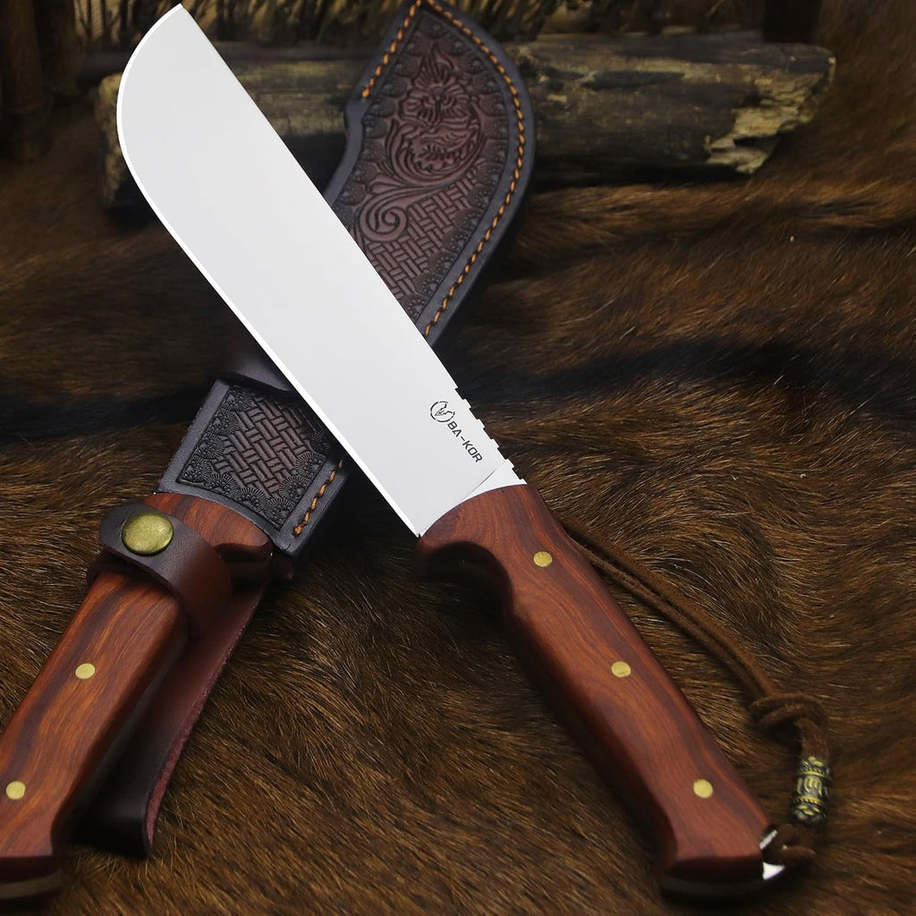 BA-KOR USA 8mmDC53 steel 35CM (14 ") full Tang fixed knife with leather sheath and (5.9 ") ceria ignition head, suitable for outdoor hunting, camping, clearing, adventure, fishing, EDC, BBQ (BA-K0a(8mm))