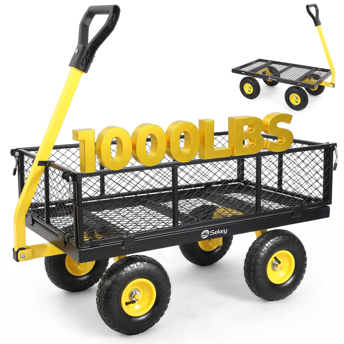 Sekey 1000lbs Heavy Duty Steel Garden Cart for Yard & Farm, Utility Wagon with Removable Sides (Convert to Flatbed), 10" Rubber Tires, Black