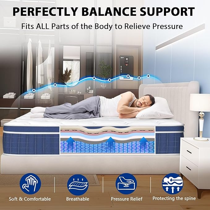 King Size Mattress in a Box 12 Inch Hybrid Mattress [Enhanced Stability], Medium Firm Feel with Memory Foam and Pocket Springs, Reinforced Edge Support
