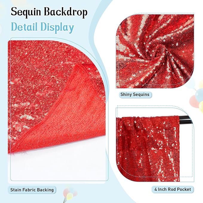SquarePie Sequin Backdrop Curtain Not See Through Thick Glitter Background for Party 6FT x 8FT Red