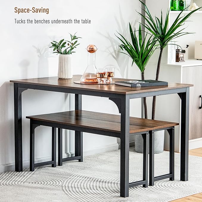 NAFORT Dining Table Set for 4, 3-Piece Kitchen Table with 2 Benches, 43.5’’ Space Saving Dining Room Table with Reinforced Metal Frame & Solid Wood Top, Ideal for Home, Restaurant, Patio Outdoor