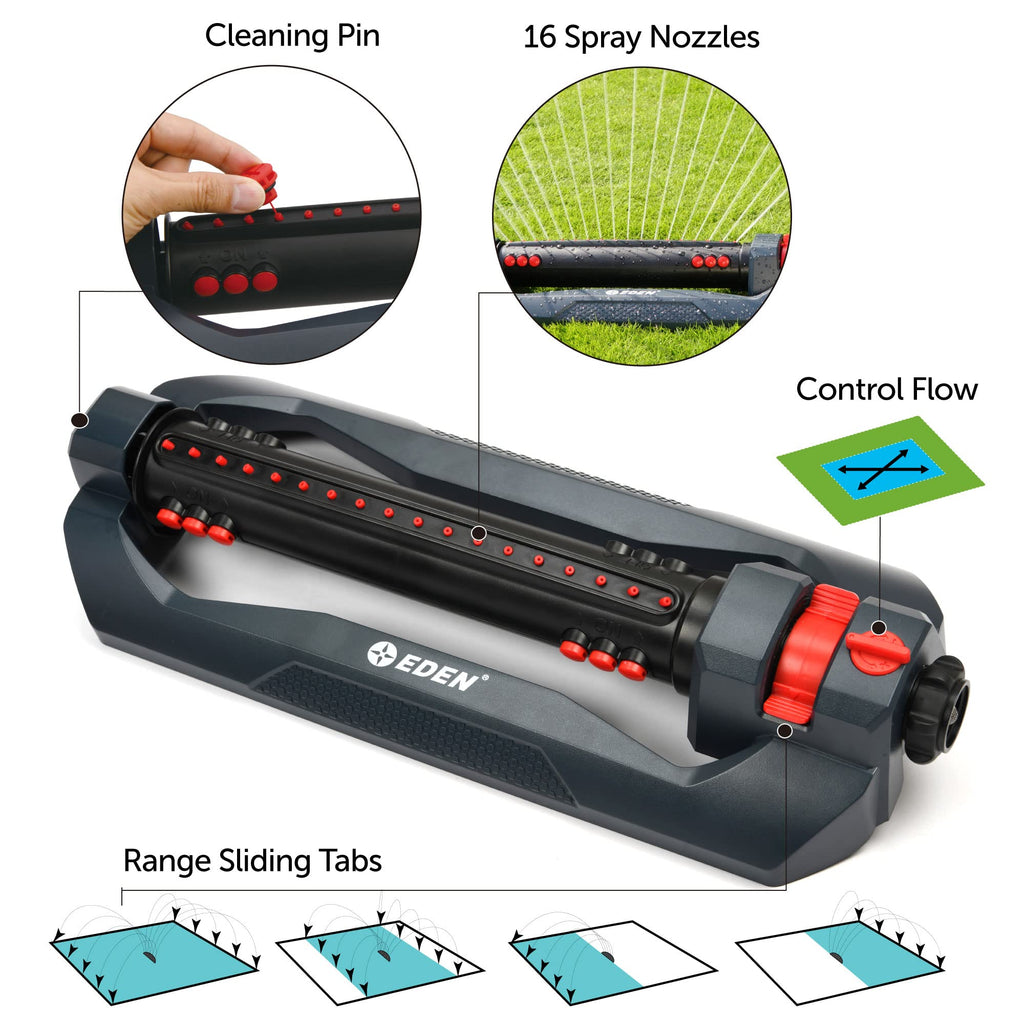 Eden 96212 Turbo Oscillating Sprinkler | Covers Up to 4,400 sq. ft., 18 Precision Nozzles, Adjustable Range, Flow Control, Triple Nozzle Width Switches, Turbo Drive Motor, Quick Connect Bundle
