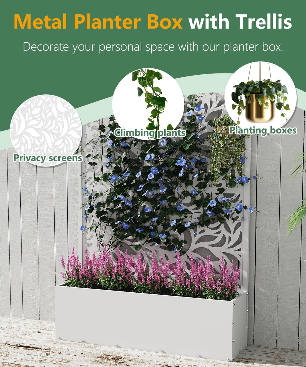 2PCS Metal Planter Box with Trellis,70.9"x47.2"x15.7" Raised Garden Bed with Drainage Holes, Privacy Planters for Outdoor Garden Bed for Climbing Plants,Vegetables,and Vines, White-Flower