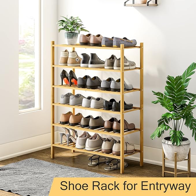 6-Tier Bamboo Shoe Rack for Entryway, Stackable | Heavy Duty | Multi-Function, Free Standing Shoe Racks for Bedroom Hallway Closet