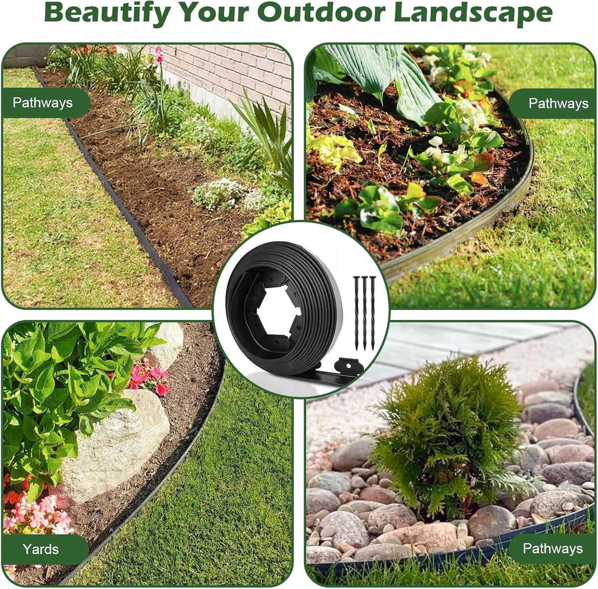 4 in Tall Landscape Edging, 40FT Plastic Garden Border Edging with 60 Anchoring Spikes, Landscape Edging Kit for Garden, Flower Beds and Lawn (Black, 4In x 40FT)