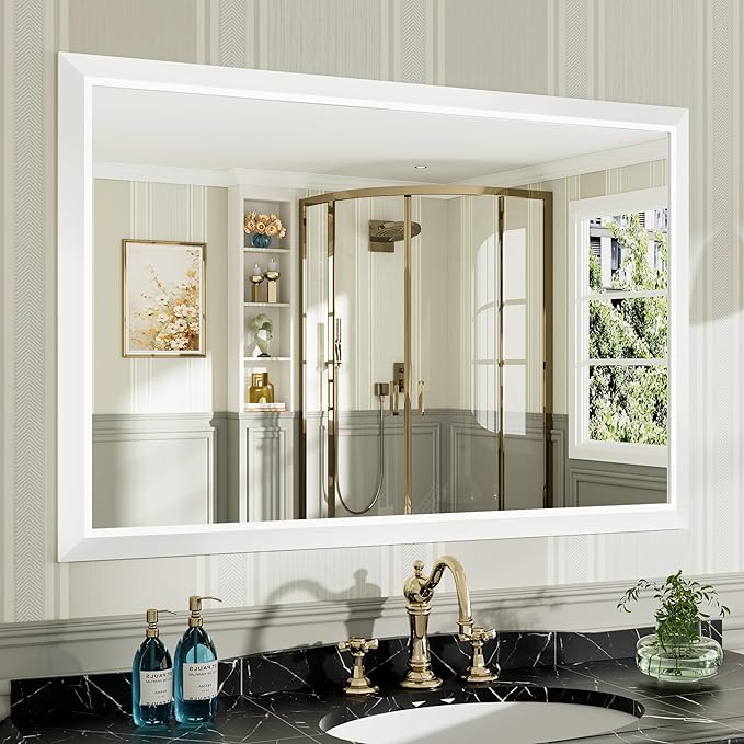 48x32 Inch White Bathroom Mirror for Wall, Thick Metal Framed Rectangle Mirrors for Over Sink, Bedroom, Living Room, Entryway, Anti-Rust, HD Tempered Glass