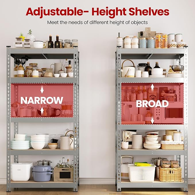 Yaheetech Storage Shelves 5 Tier Garage Shelving Heavy Duty Garage Shelves Adjustable Metal Shelving Unit Utility Rack Industrial Shelving for Warehouse Pantry Closet, 27.5"W x 12"D x 60"H, Light Gray