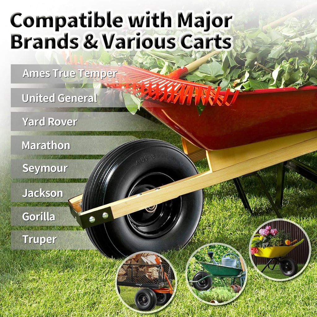 Wheelbarrow Wheel 13 Inch Flat Free 4.00-6 Solid Tire, Replacement Heavy Duty, with 5/8" and 3/4" Bearings 1.75" Center Hub, fits Garden Cart, Dolly, Hand Truck, Trailer, Utility Wagon, 1 Pcs