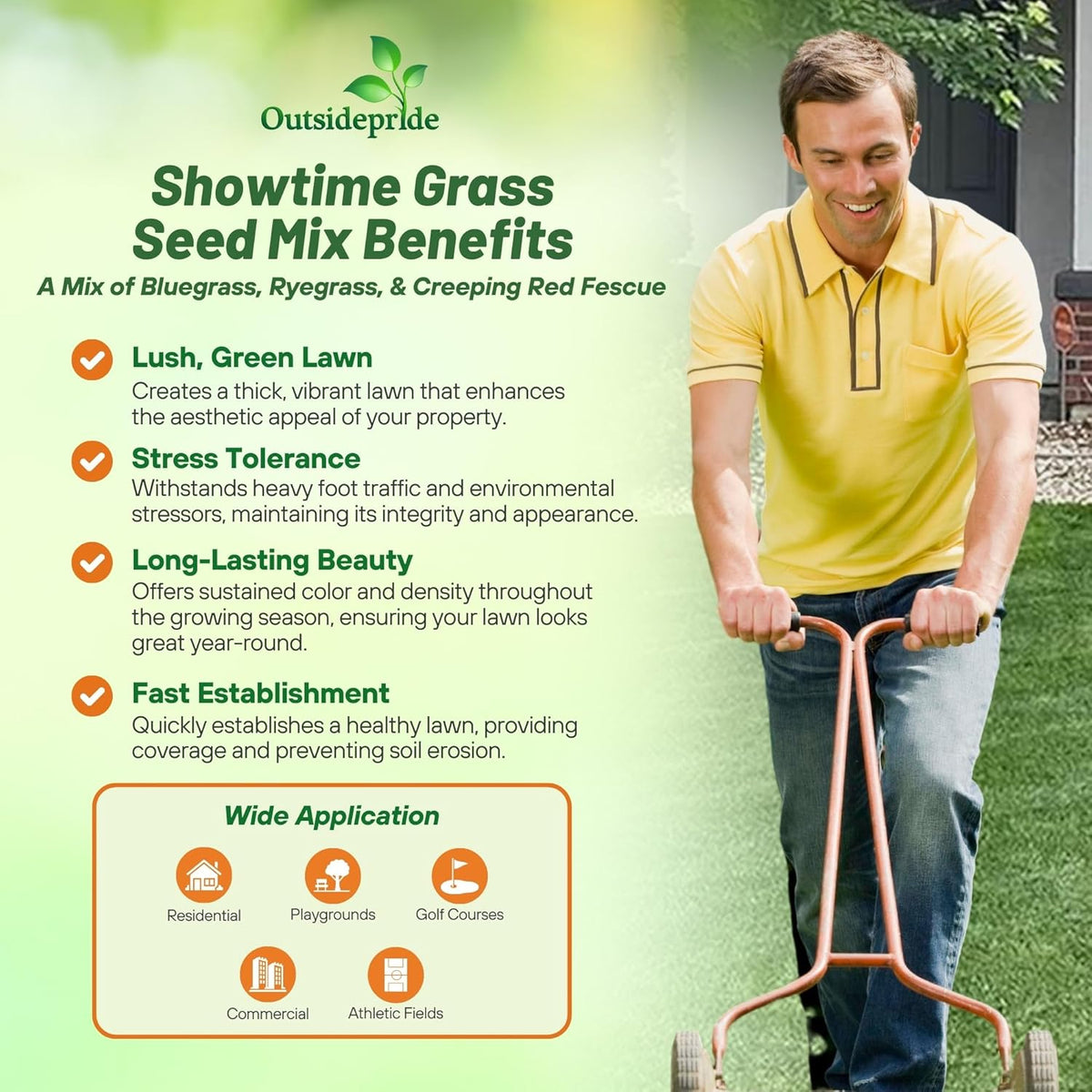 Outsidepride Showtime Perennial Lawn Grass Seed Mix - 50 lbs. Premium Blend of Creeping Red Fescue, Rye Grass & Kentucky Bluegrass Seed for Sports Fields, OptiGrowth Coated for Better Establishment