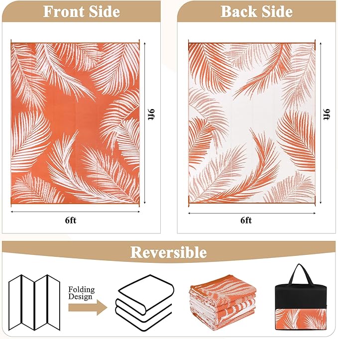 Pauwer Waterproof Outdoor Rug 6x9, Reversible Plastic Straw Patio Camping Rug, Indoor Outdoor RV Mat Carpet for Deck, Camper, Porch, Balcony, Backyard, Picnic, Leaf Orange