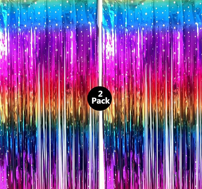 Sparkly Rainbow Gradient Tinsel Foil Fringe Curtain Metallic Streamers for Birthday Party Decorations Wedding Graduation Baby Shower Bachelorette Photo Booth Props 2 Packs