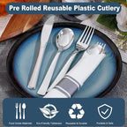 200Guests Pre Rolled Silver Plastic Silverware Sets - Heavy Duty Silver Cutlery - Include 200 Pack Wrapped Disposable Utensils with Napkins for Parties & Dinners & Weddings