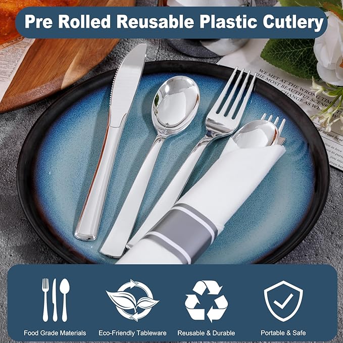 200Guests Pre Rolled Silver Plastic Silverware Sets - Heavy Duty Silver Cutlery - Include 200 Pack Wrapped Disposable Utensils with Napkins for Parties & Dinners & Weddings