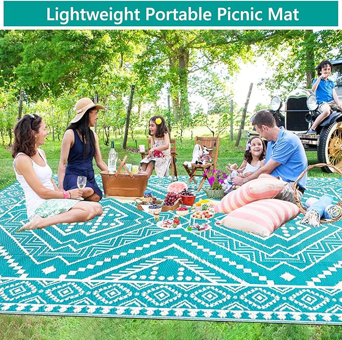 Waterproof Outdoor Rug 9x12 ft, Reversible Plastic Straw Mat, Large Floor Mat for Patio, Camping, Picnic, Backyard RV, Deck, Teal