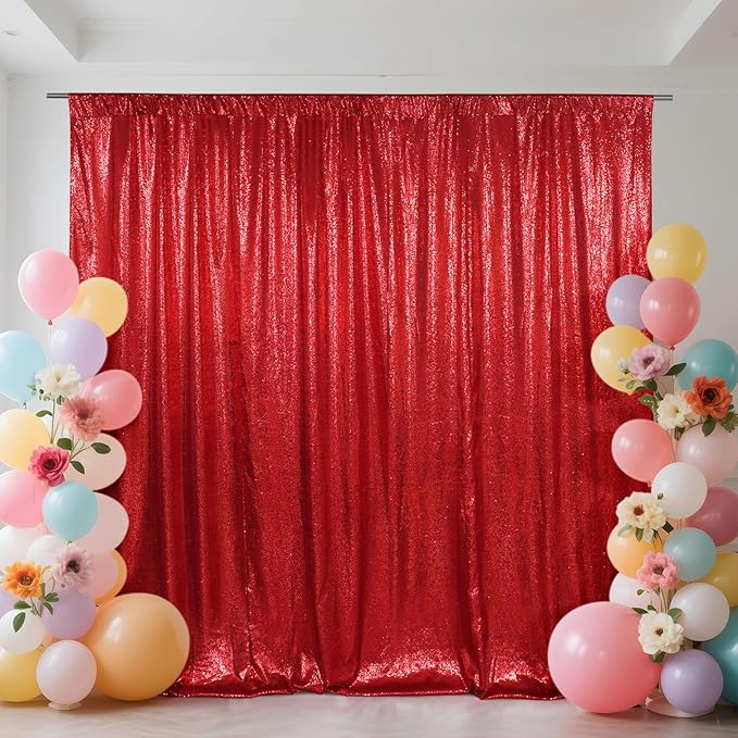 SquarePie Sequin Backdrop Curtain Not See Through Thick Glitter Background for Party 8FT x 8FT Red