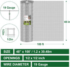 HOPERAN Hardware Cloth 1/2 Inch 48 x 100 ft - 19 Gauge Chicken Wire Fencing, Galvanized Wire Mesh Roll, Welded Wire Fence, Chicken Coop Wire Fence Gopher Wire Rabbit Wire Poultry Netting Cage